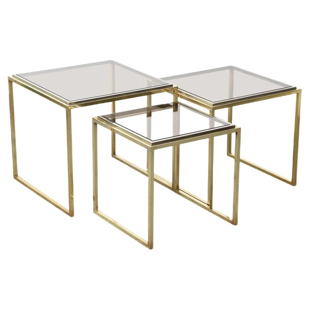 Mid-Century Italian Modern Chrome and Brass Smoked Glass Nesting Tables, 1970s, Set of 3 For Sale