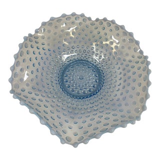 Vintage Blue Opalescent Hobnail Glass Bowl With Ruffled Rim For Sale
