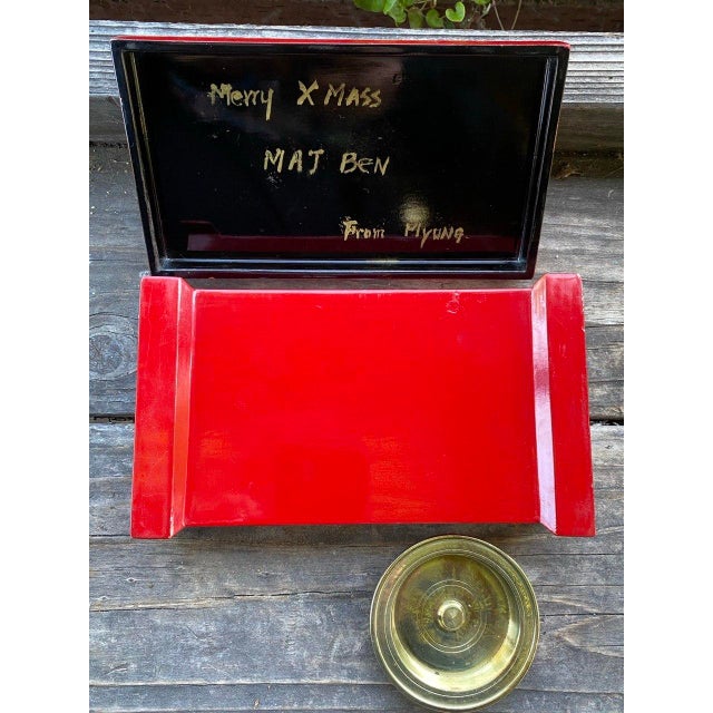 Vintage Japanese Red Lacquer Smoking Box With Mother-of-Pearl Birds and Brass Ash Receiver For Sale - Image 15 of 16