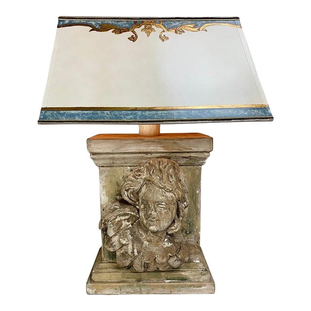 19th Century Carved Cherub Face Lamp With Custom Parchment Shade For Sale