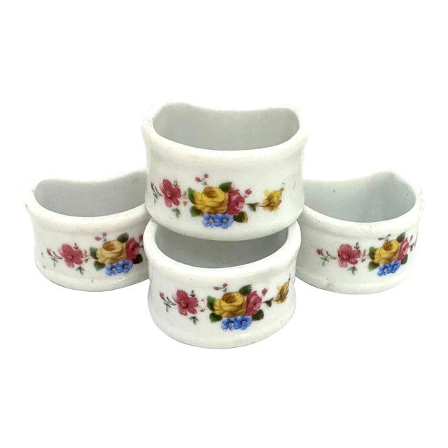 1960s Porcelain Hand Painted Flotal Napkin Rings Set of 4 For Sale