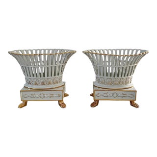 Late 20th Century Pair of Reticulated Porcelain Baskets With Gilt Detail and Lion Paw Feet For Sale