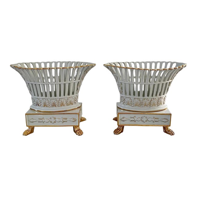 Late 20th Century Pair of Reticulated Porcelain Baskets With Gilt Detail and Lion Paw Feet For Sale