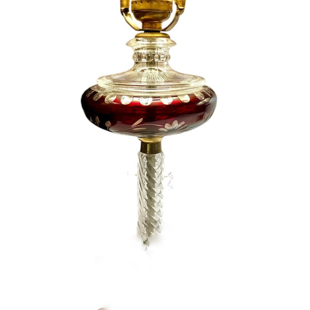Victorian Era Etched Cranberry Glass Boudoir Table Lamps Pair For Sale - Image 4 of 12