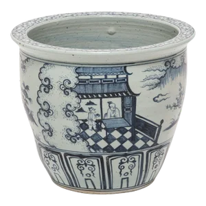 Vintage Chinese Indigo and White Scroll Jar