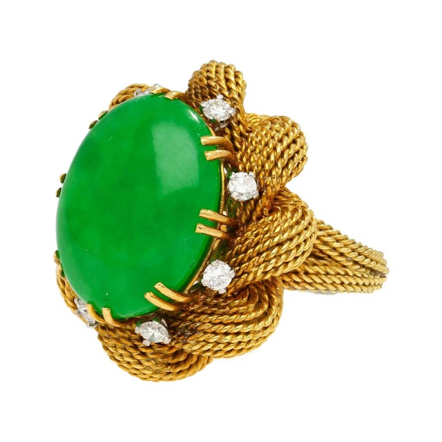 Contemporary 1950s Vintage 13.32 Carat Type a Jadeite Jade Gold Wire Floral Ring From France, Size 5.75 For Sale - Image 3 of 5