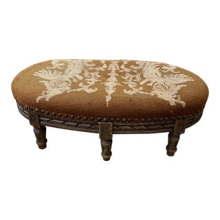 Early 20th Century Oval Louis XVI Style Antique Needlepoint Footstool Ottoman For Sale