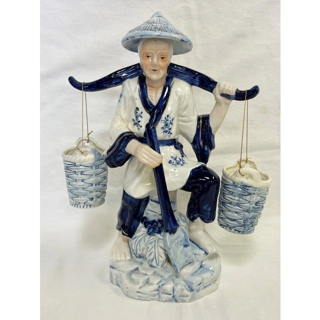 Vintage Blue and White Porcelain Asian Figurine Carrying Baskets For Sale In West Palm - Image 6 of 13