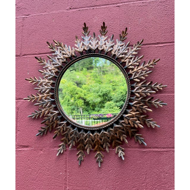 Spanish 1950's Round Gilt Metal Sunburst Mirror For Sale - Image 4 of 12