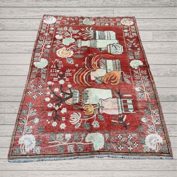 Antique Khotan Rug 5’5” X 8’5” | Stylized Vase Design For Sale - Image 4 of 6