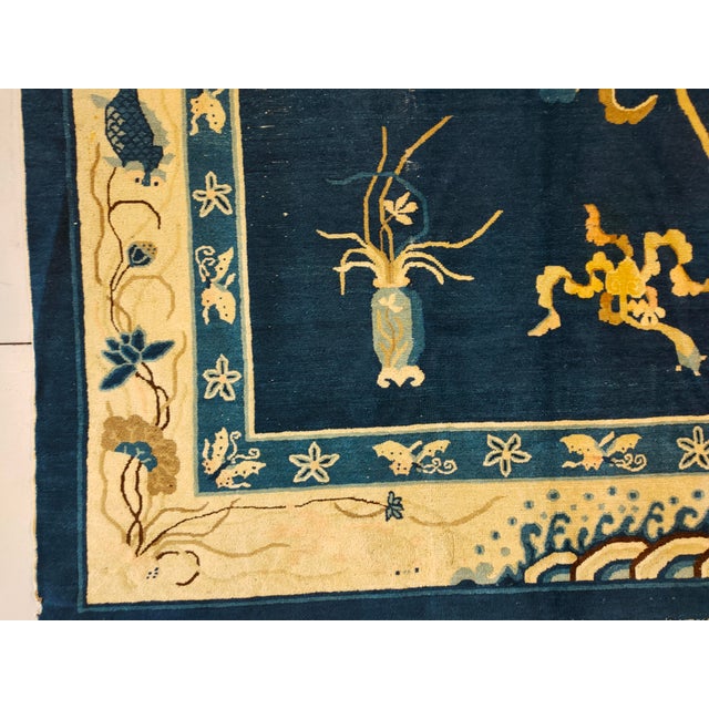 1880s Navy Blue and Tan Chinoiserie Pattern Floral Antique Chinese Peking Rug For Sale In New York - Image 6 of 8