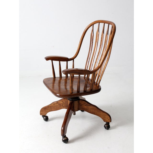 Farmhouse Vintage Oak Swivel Desk Chair For Sale - Image 3 of 12