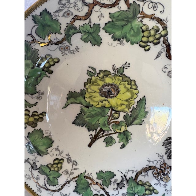 This late 19th C plate is rare Wedgwood lustreware. It bears the Wedgwood grape leaf mark and is a hand enameled transfer...