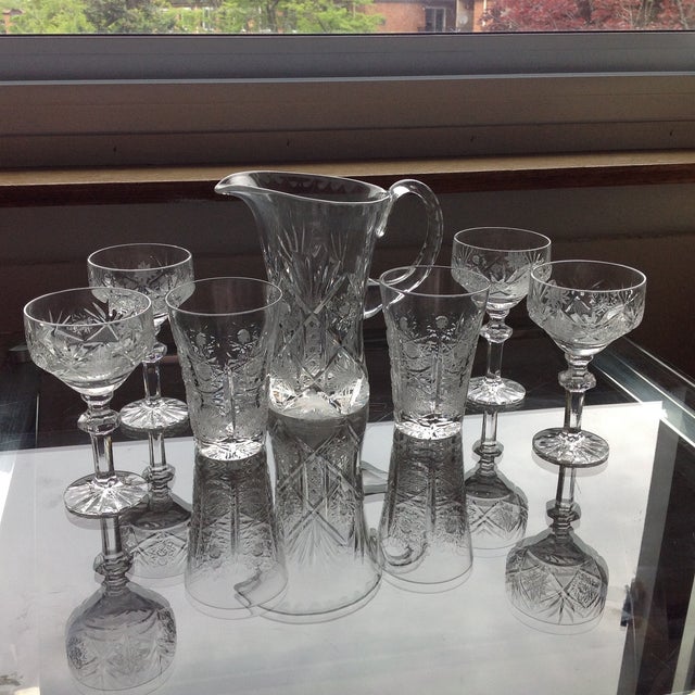 High quality, heavy cut Czech Crystal, decorated with lines, stars and fans. 2) Small tumbler measures 3.5" tall, 2.5"...