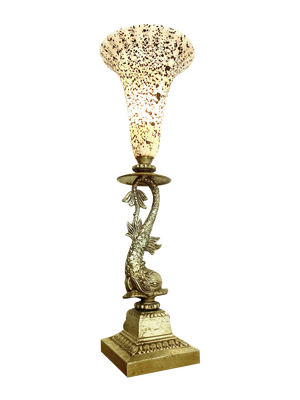 Italian Brass Dolphin Table Lamp with Murano Glass Lampshade, 1970s