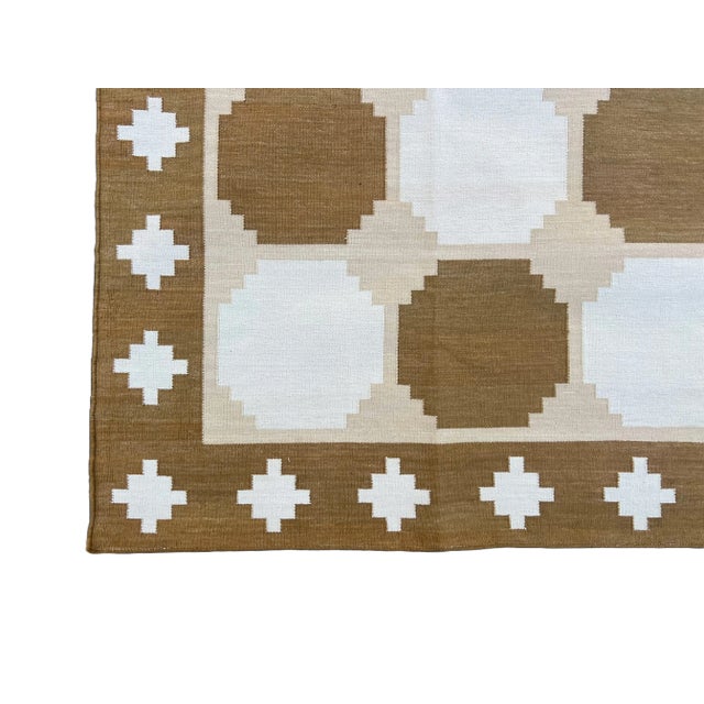Handmade Cotton Flat Weave Area Rug, Tile Patterned Tan, Beige and Cream Dhurrie - 8'x10' For Sale - Image 10 of 11