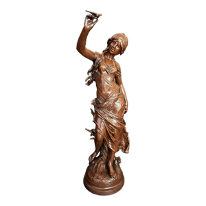 Early 20th Century Woman With Love Bird Sculpture by Auguste Moreau
