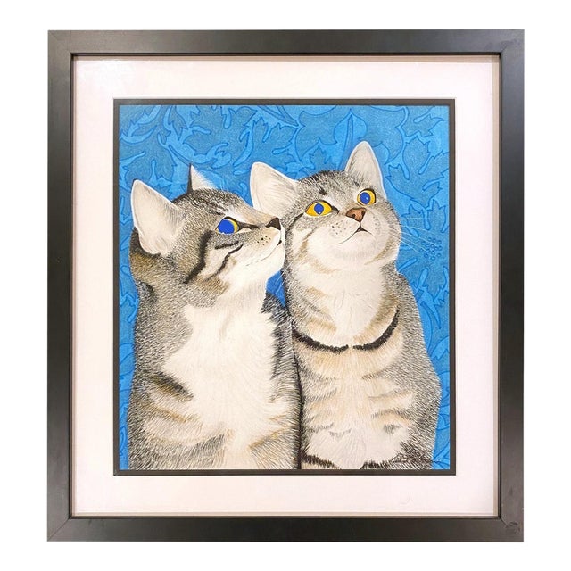 Late 20th Century Gray Tabby Cats Original Painting – Cat Lovers Art Decor Gift Framed Signed For Sale