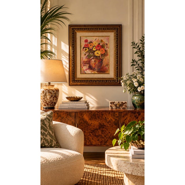 Charming vintage 1984 Impressionist-style still life oil painting depicting a colorful bouquet of flowers arranged in a...