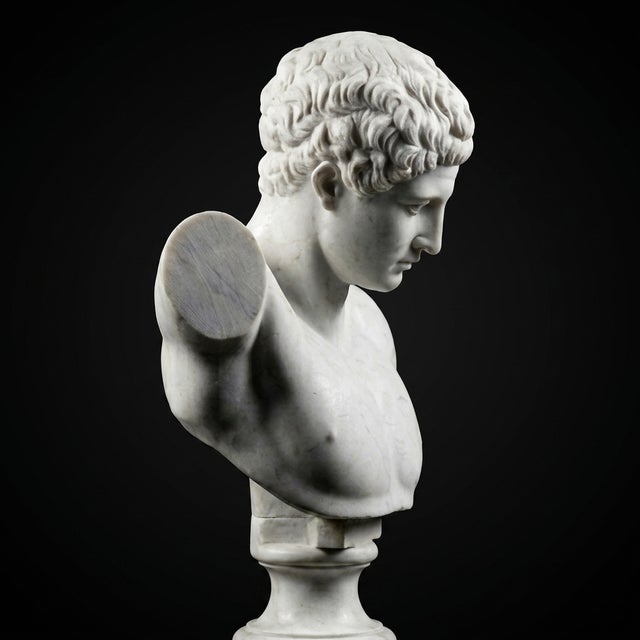 Mediterranean Hand-Carved Natural Marble Bust Sculpture – Bust of Hermes of Praxiteles For Sale - Image 3 of 4