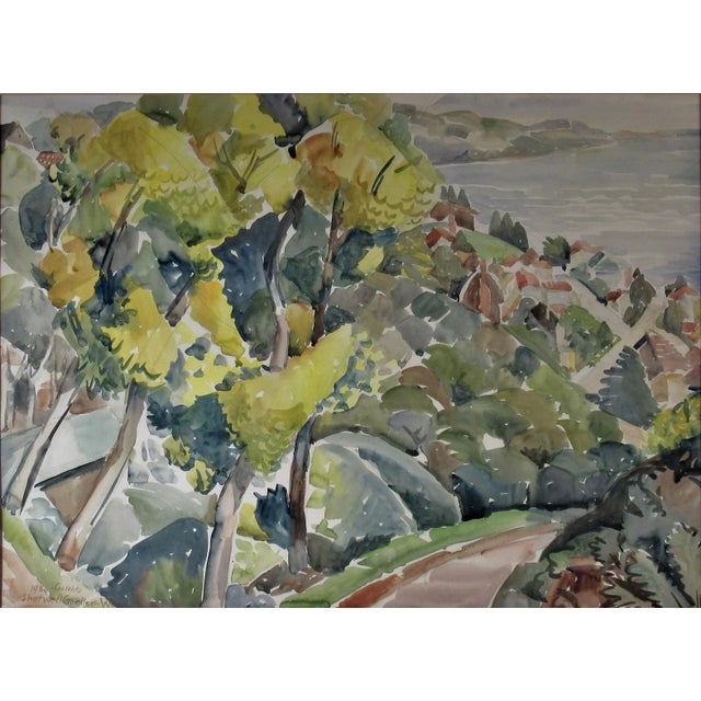 This artwork titled "Sausalito" 1936 in a watercolor on paper by noted California artist Emily Shotwell Goeller Wood,...