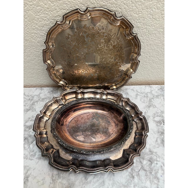 French Country Midcentury Assorted Set of English Silver Trays, Set of Three For Sale - Image 3 of 14