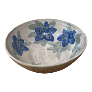 Vintage Studio Pottery Stoneware Glazed Bowl With Blue Flowers Signed Artist