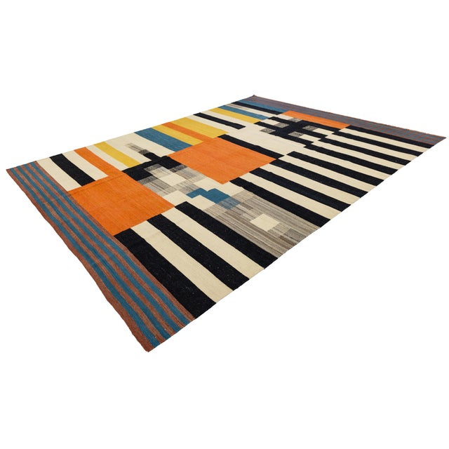 Burnt Orange Contemporary Geometric Wool Kilim Rug – Mid-Century Modern Abstract Flat-Weave For Sale - Image 8 of 12