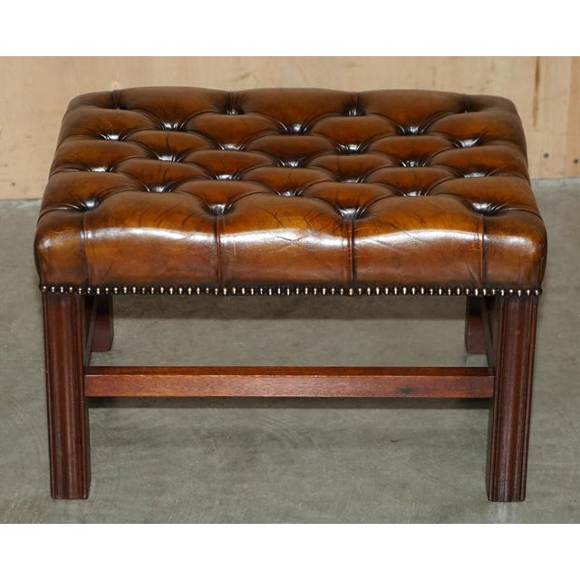 Vintage Brown Hand-Dyed Tufted Leather Chesterfield Ottomans, Set of 2 For Sale - Image 15 of 18