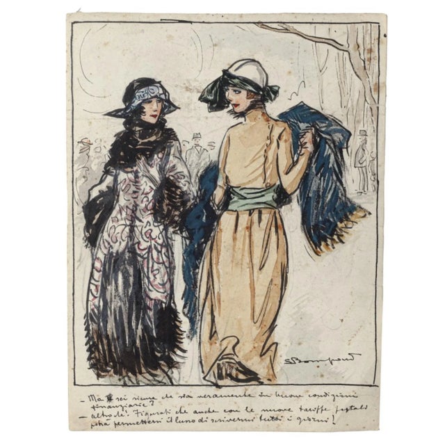 Luigi Bompard, Elegant Ladies, Watercolored Ink, 20th Century For Sale - Image 3 of 3