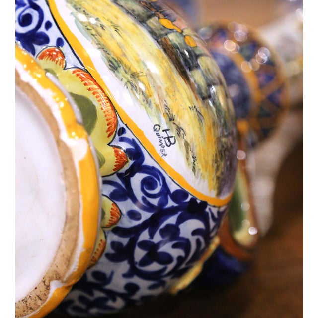 Pair of 19th Century French Hb Quimper Hand Painted Faience Tall Neck Vases For Sale - Image 16 of 16