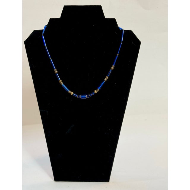 Art Deco Vintage 1920s Art Deco Egyptian Revival Cobalt Blue Czech Glass Tubular Bead Necklace For Sale - Image 3 of 6