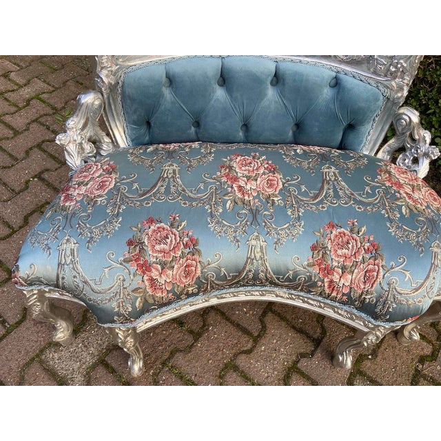 French 1970s French Louis XVI Blue Silver Beech Settee 1 Pc For Sale - Image 3 of 15