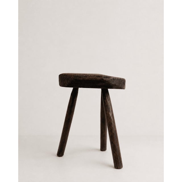 Brown Vintage Oak Three-Legged Stool, 1950s For Sale - Image 8 of 8