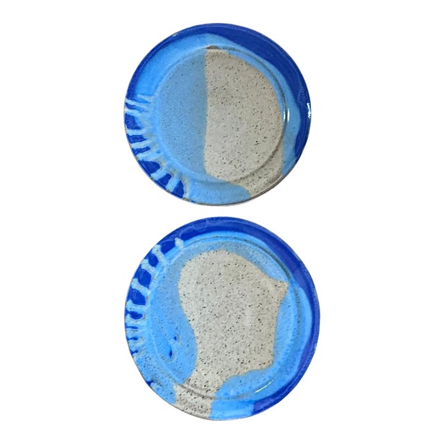 Vintage Blue Abstract Pottery Plates - A Pair For Sale