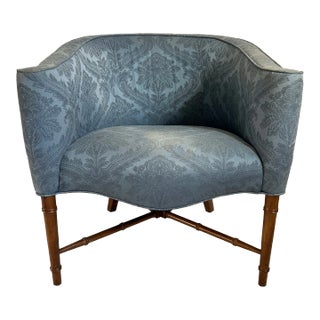 1970s Vintage Hollywood Regency Faux Bamboo Upholstered Barrel Chair For Sale