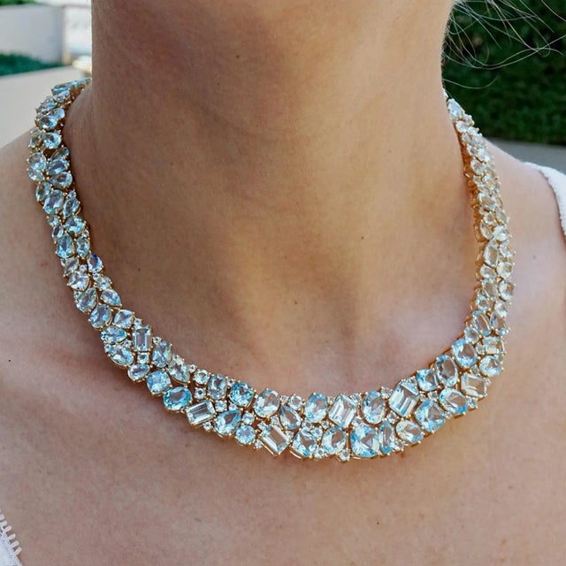 14K Gold Natural Aquamarine｜Sky Blue｜Eye Clean Aquamarine CTW: 52.0 Natural Topaz｜Blue｜Eye Clean Topaz CTW: 42.0 Natural...