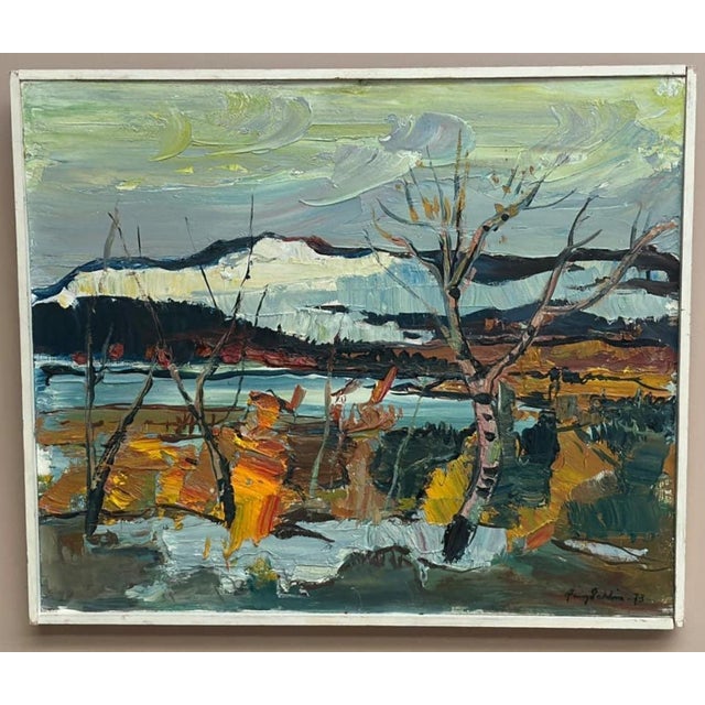 Original Swedish Oil on Panel – “Autumn Shore” by Harry Sahlin – Signed and Dated 1973 – Framed – 62 × 52 cm (24.4" ×...
