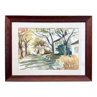 Large 1930’s Watercolor Treelined Streetscape For Sale