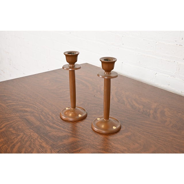 Art Deco Benedict Studios Arts & Crafts Bronze Candlesticks, Circa 1910 For Sale - Image 3 of 12