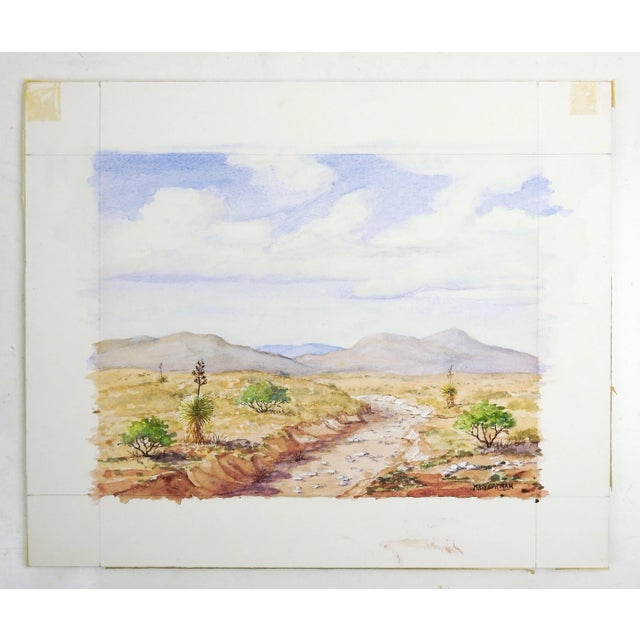 Rustic Vintage Desert Yucca Landscape Watercolor Painting For Sale - Image 3 of 3
