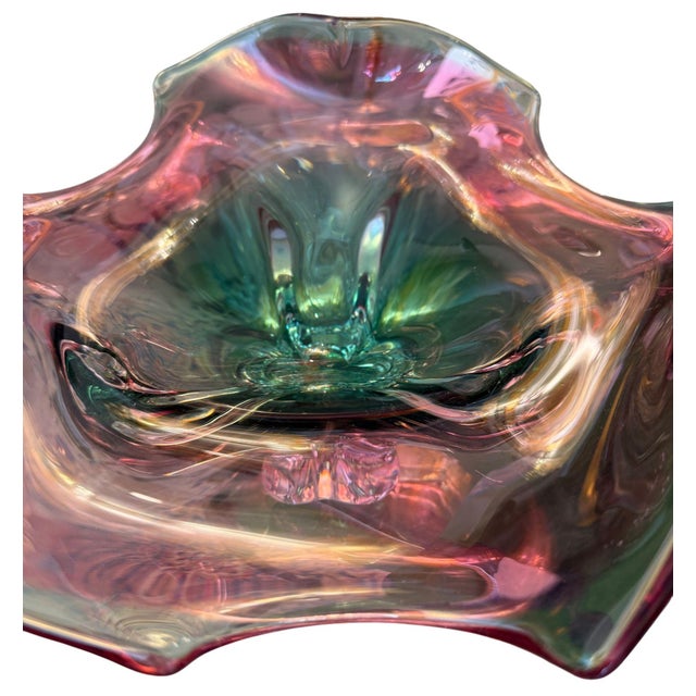 Italian Murano Glass Footed Bowl Emerald Green, Pink & Clear, Italy, Late 20th Century For Sale - Image 3 of 7