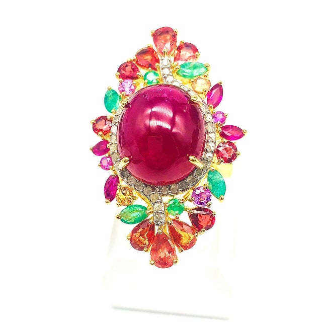 Bochic “Orient” Vintage Ruby, Emerald, Sapphire & Diamond Ring Set In 18K & Silv For Sale - Image 11 of 14