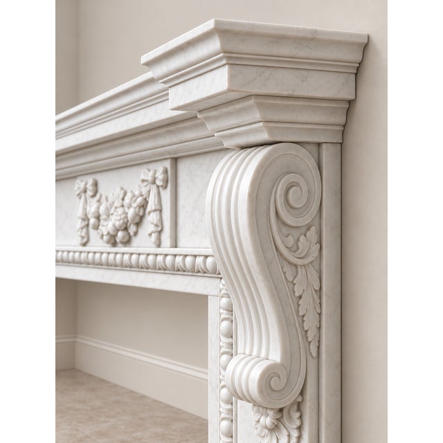 1900 - 1909 Large Antique Edwardian Carved White Marble Fireplaces, 1901, Set of 2 For Sale - Image 5 of 7