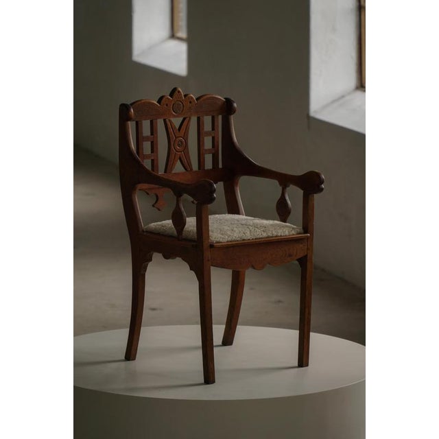 Danish Folk Art Armchair in Oak with Lambswool Seat, 1930s For Sale - Image 13 of 18