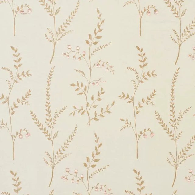 Hand printed botanical with hand embroidered details, this understated design features artful blossoms on a muslin-like...