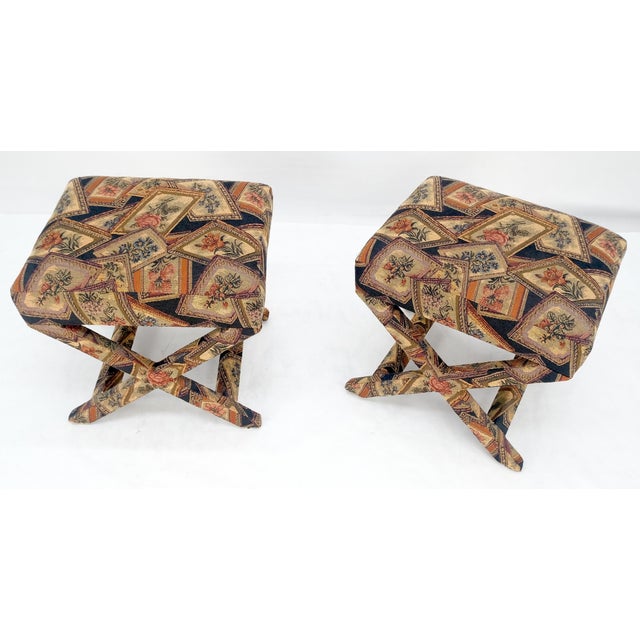 Mid-Century Modern Pair of Tapestry Upholstery X Bases Benches Billy Baldwin atr. c1970s For Sale - Image 3 of 7
