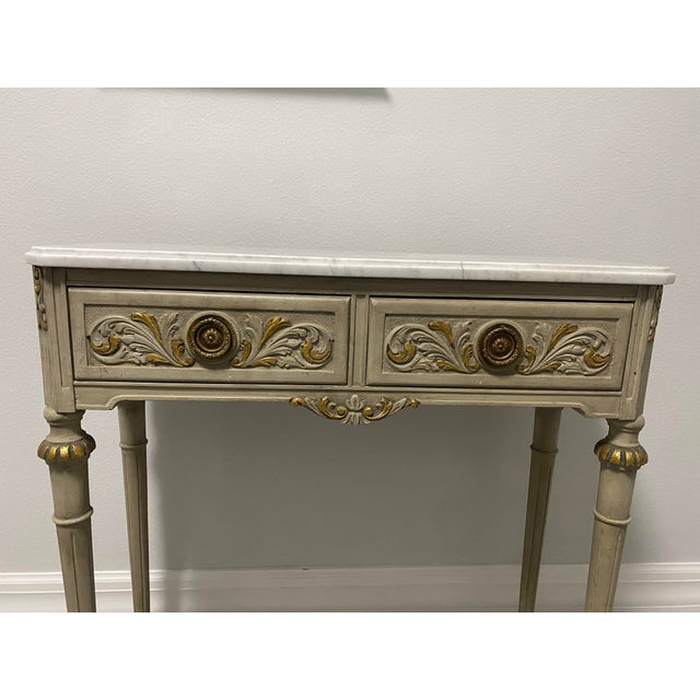 Vintage Louis XVI Style Painted Gilt Marble-Top Narrow Console Table For Sale - Image 4 of 9