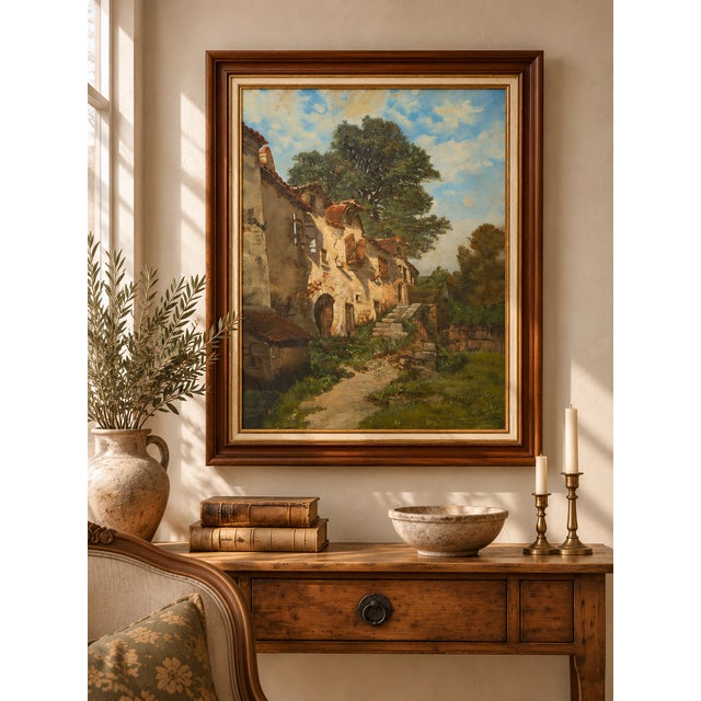Large 19th-Century French Village Oil Painting by Jean-Georges Pasquet, After Dameron For Sale - Image 18 of 18