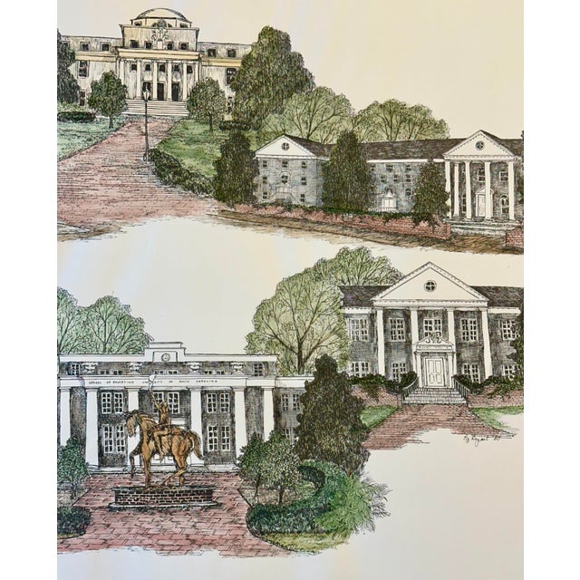 A charming late 20th-century hand-colored architectural print by artist Liz Bryant, depicting a collection of notable...